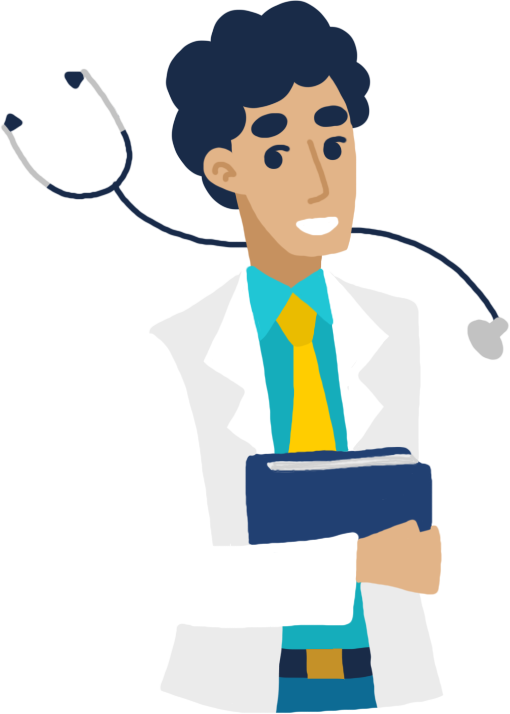 Doctor holding binder and stethoscope suspended in air behind him